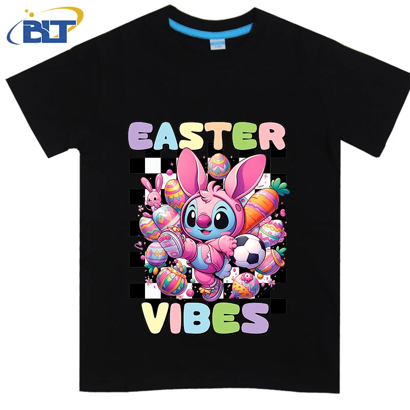 Stitch Easter Vibes Printed Kids T-shirt Cotton Short Sleeve Casual Top for Boys and Girls