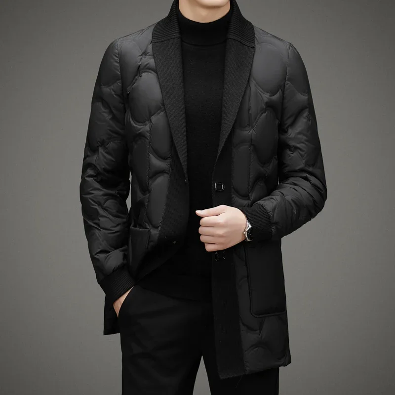 Doudoune longue imbibée pour hommes avec col écharpe, vêtements de créateurs, vestes rembourrées légères, manteau froid masculin pour l'hiver