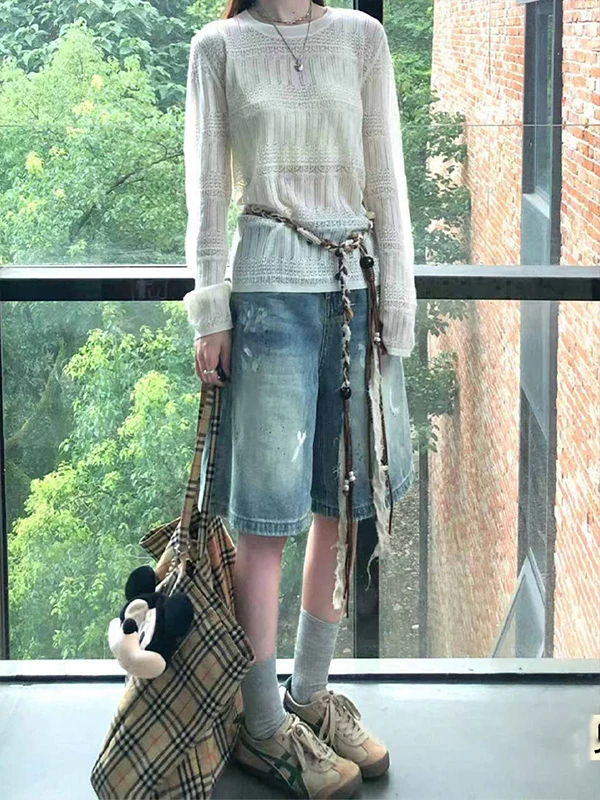 

American Retro Washed Five-Quarter Jeans Women Summer Thin Loose Slim Casual Straight Leg Mid-Pants Trendy High Waist Zipper