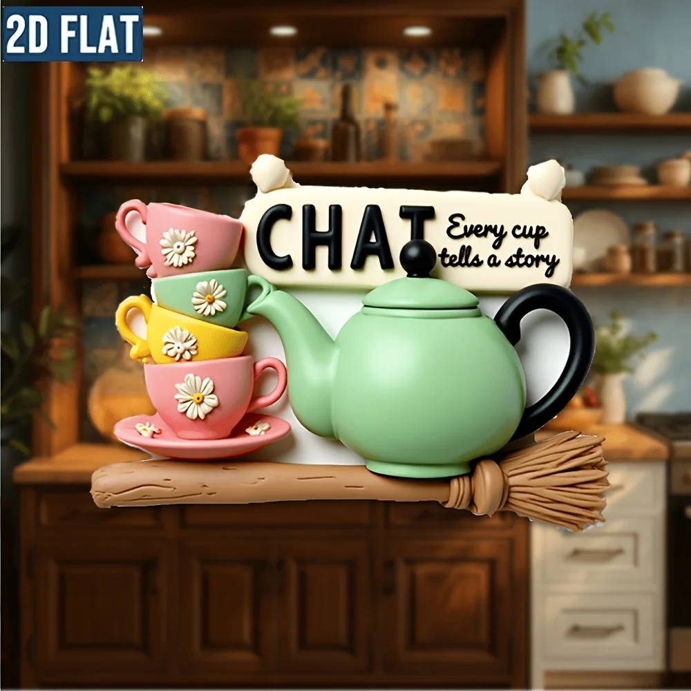 Vintage Teapot Acrylic Fridge Magnet. Cute Stacked Cups & 