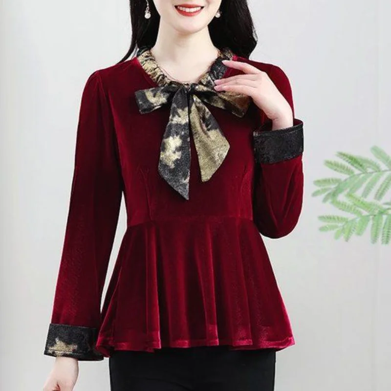 

Bow Shirt Fashionable Spliced long-sleeved T-shirt Fashionable Base Top