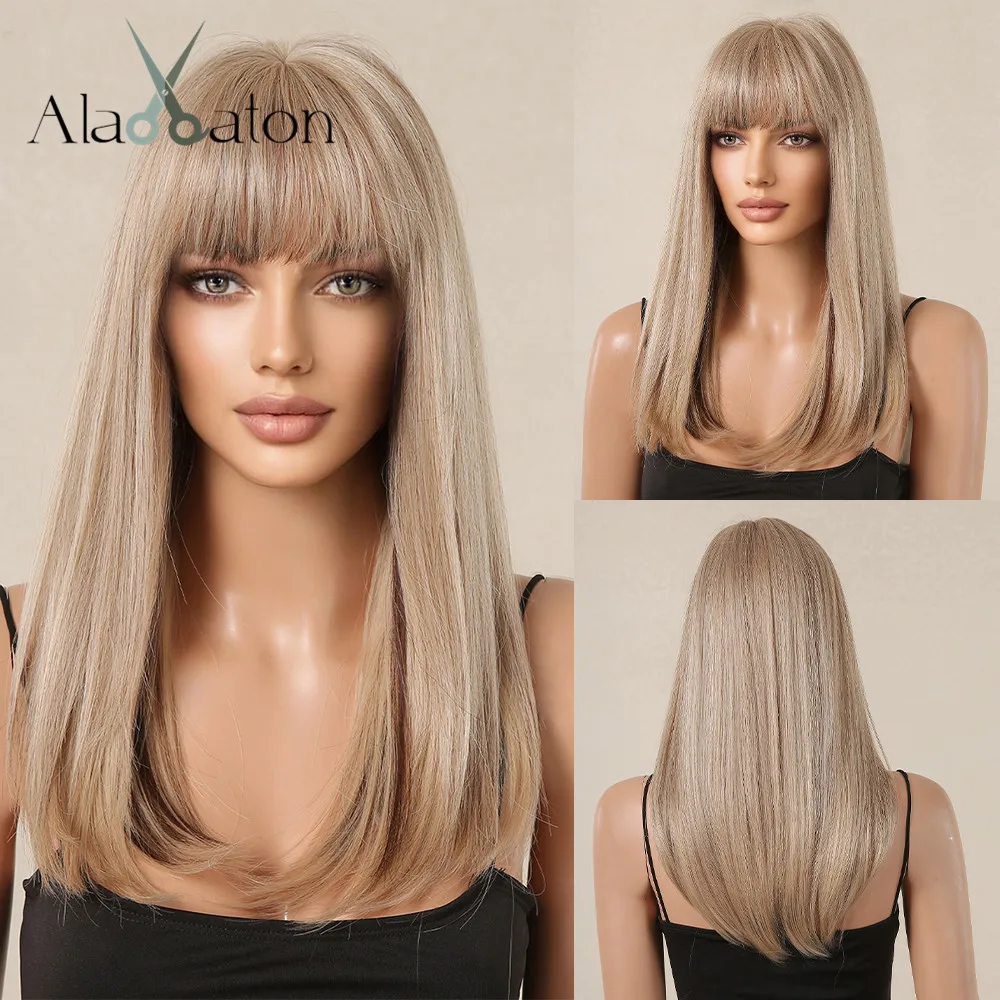 ALAN EATON Long Blonde Highlight Synthetic Wig Long Layered Straight Wigs with Bangs for Women Natural Mixed Blonde Daily Party