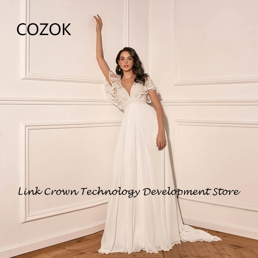 COZOK ชุดแต่งงานผ้าชีฟองเกาะอกพร้อมผ้าลูกไม้แขนสั้นสำหรับเจ้าสาว Gowns2024ฤดูร้อนชุดชายหาดกระโปรง Novia กระดุมด้านหลังใหม่