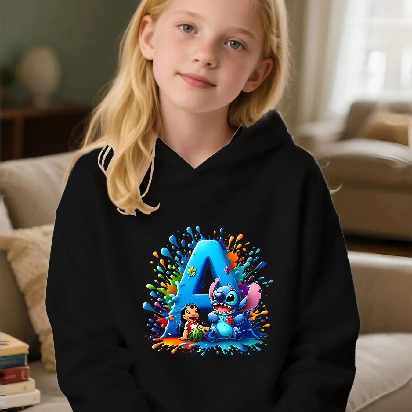 سويت شيرت ديزني ليلو وستيتش الأبجدية بغطاء للرأس ABC لحفلات أعياد الميلاد للأولاد والبنات للخريف والشتاء، بلوفر للحفلات للفتيات #1