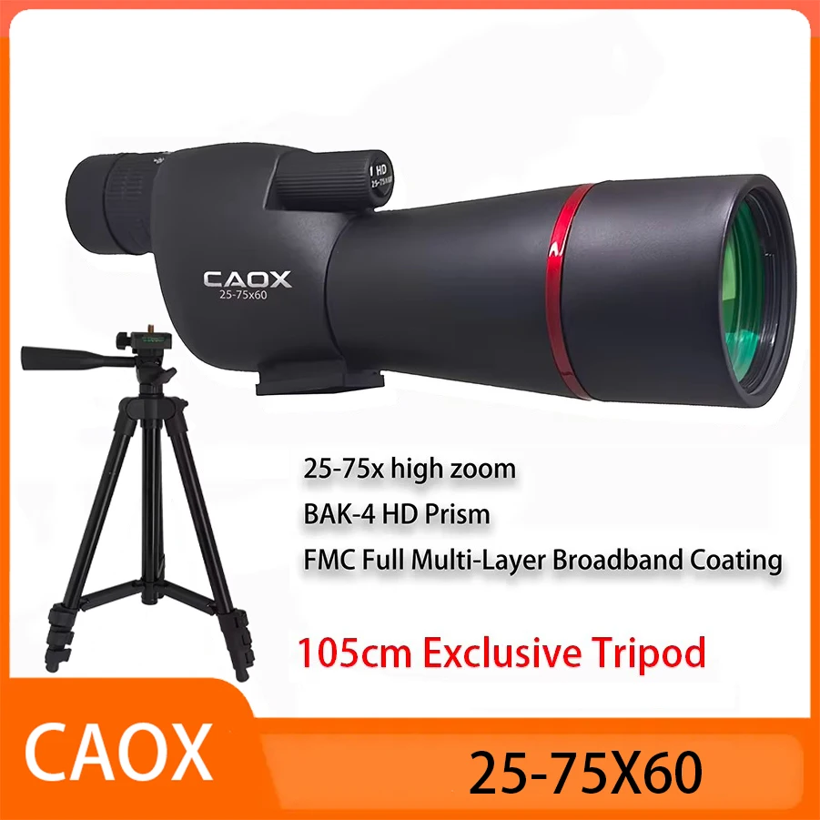 CAOX 25-75x60 Bird Watching Telescope Spotting Scope Wide Angle Monocular with Phone Adapter and Tripod for Camping Birdwatching