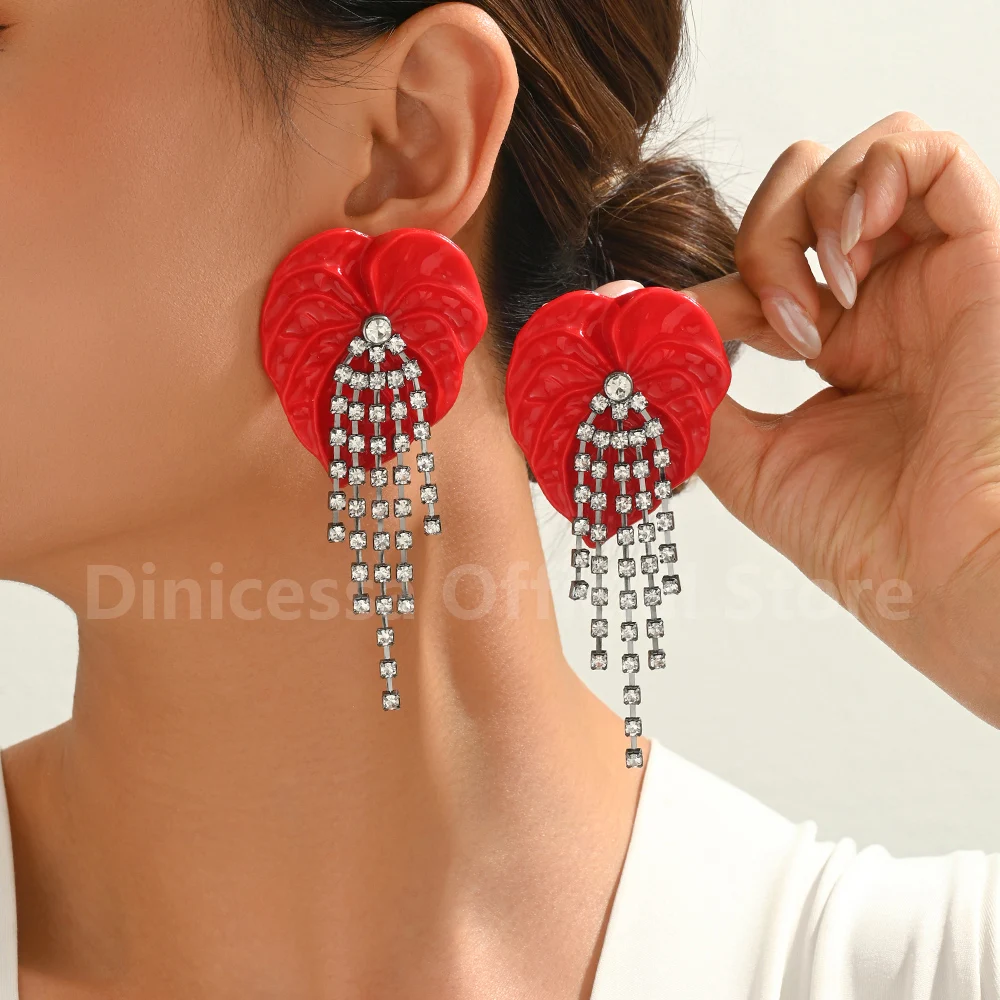 Red Resin Leaf Rhinestone Tassel Dangle Earrings for Women Crystal Fringe Statement Party Wedding Fashion Jewelry