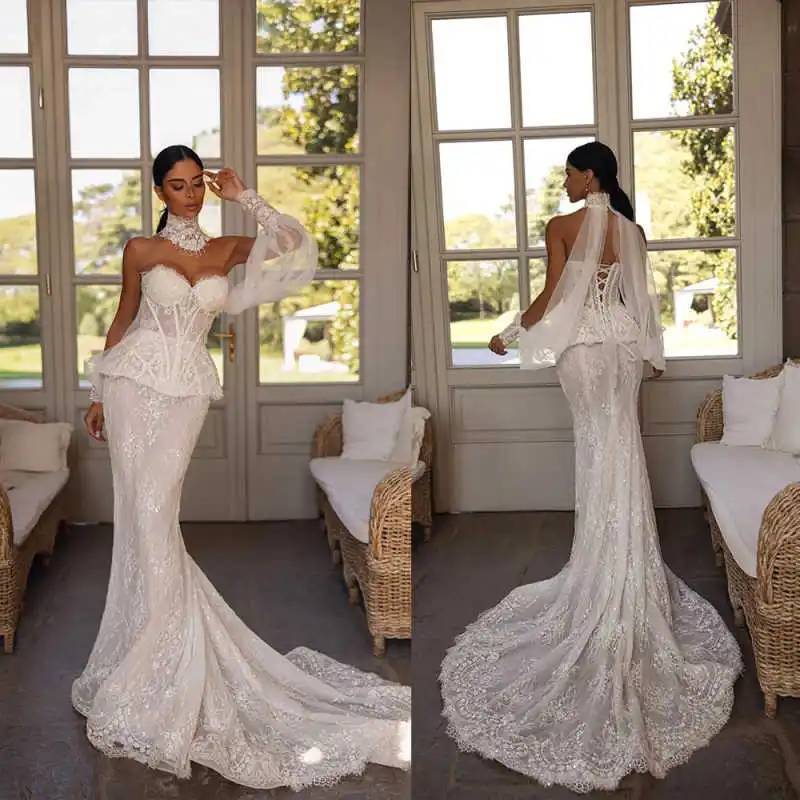 

Великолепное свадебное платье русалки без бретелек с блестками, кружевные платья невесты, элегантные аппликации, свадебные платья со шлейфом по индивидуальному заказу