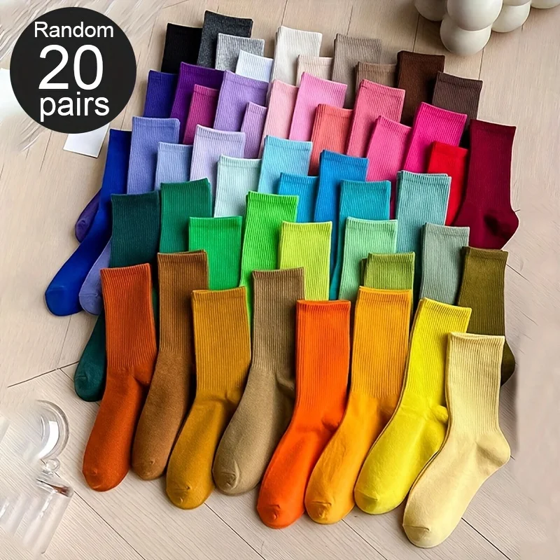 Random 10 Pairs of Solid Color Fashion Easy Individual Mid-Calf Socks Comfortable Breathable Versatile Women'S Socks