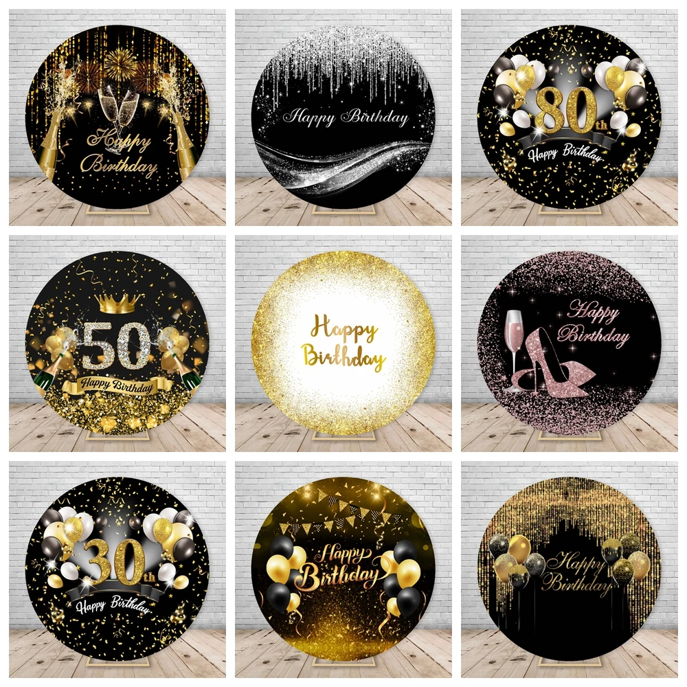 Adult Birthday Round Backdrop Black Golden Glitter Party Decor Photo Photographic Circle Photography Background With Elastic