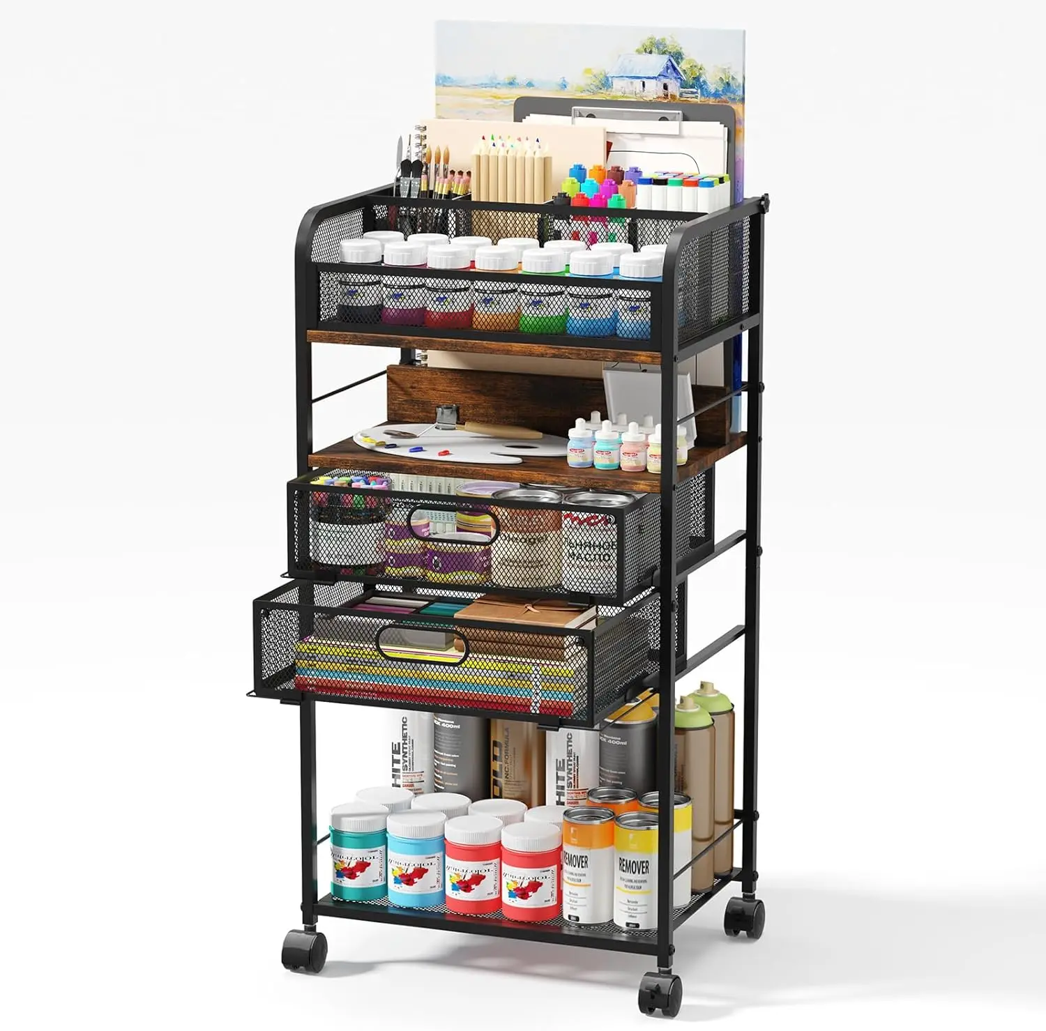 

5-Tier Rolling Art Cart with Storage Drawer and Wheels, Versatile Organizer for Home, Office or Studio