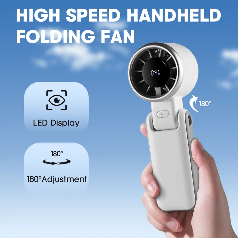 Mini ventilador portátil dobrável para pendurar no pescoço, display LED recarregável de 5 velocidades, ventilador portátil 3 em 1 para viagens e praia
