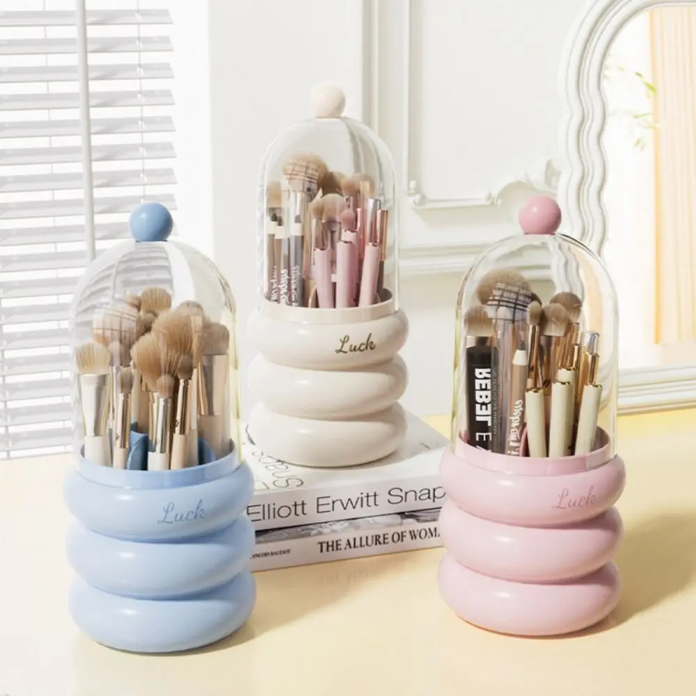 360 Rotating Makeup Brush Storage Holder With Lid Dustproof Makeup Brush Bucket Large Capacity Transparent Cosmetic Container