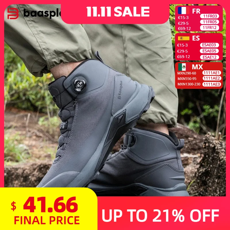 

Baasploa Мужская походная обувь 2025 Уличные кроссовки с вращающейся кнопкой и защитой от брызг, комфортная хлопковая прогулочная обувь с высоким берцем, нескользящая