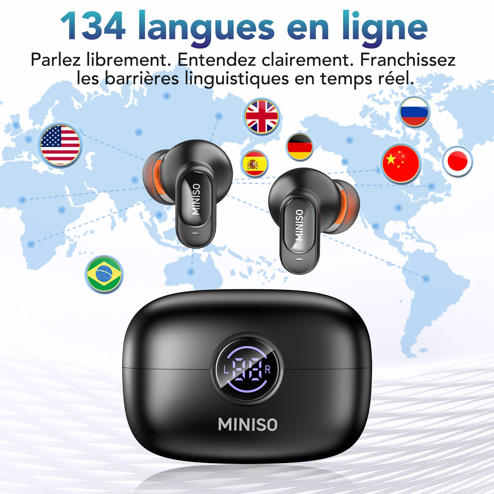 Écouteurs sans fil TWS Bluetooth MINISO avec traduction vocale en temps réel, écouteurs professionnels HiFi pour les voyages, modèle MS105.