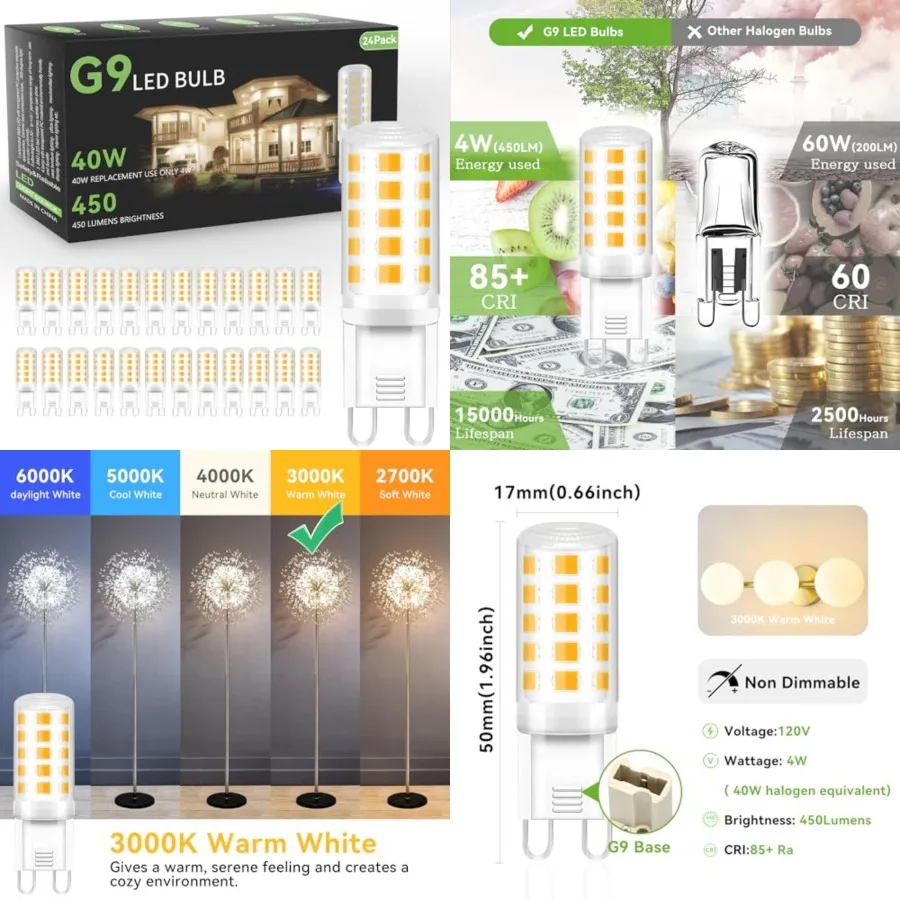 

G9 LED Bulb 4W, 40 Watt Equivalent Halogen, Warm White Chandelier Light Bulbs, T4 G9 Bi-pin Base for Crystal Chandelier Home Li