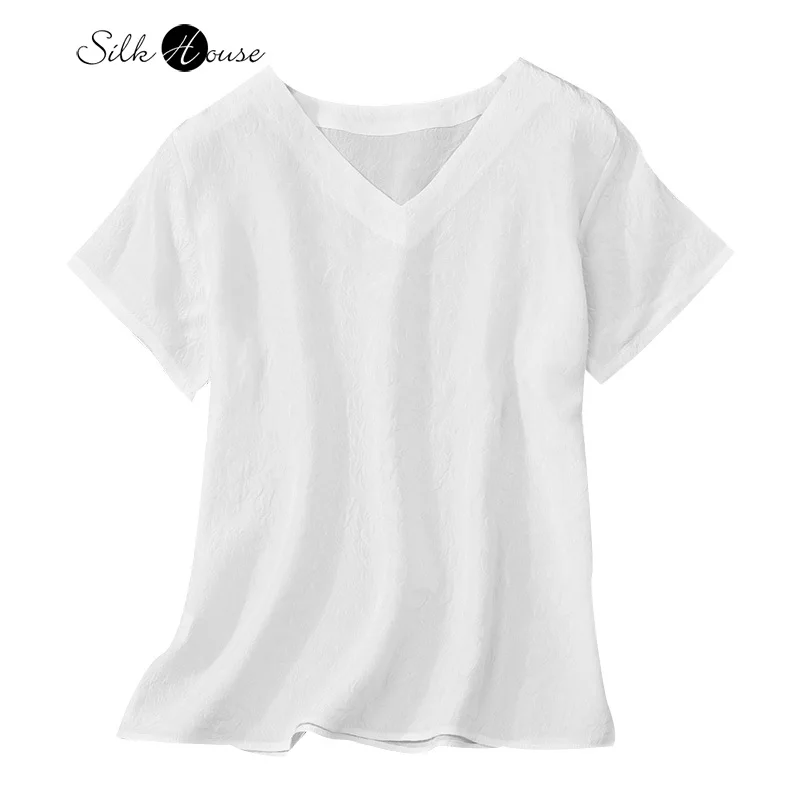 

2023 Fashionable Summer New Silk Guanle Crepe Women's Short Sleeve Simple 100%Natural Silk V-neck White Versatile Basic T-shirt