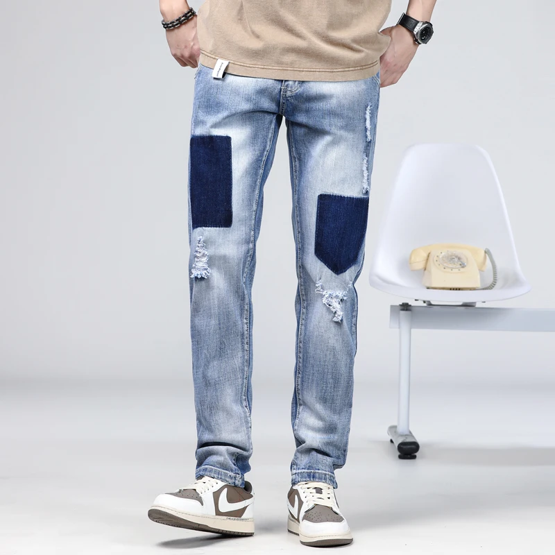 

2024 New Spring and Autumn Jeans Men's Ripped Spliced Straight Elastic Personalized Design denim cargo jeans