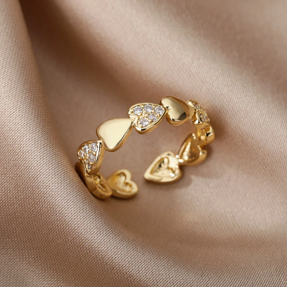 Vintage Cubic Zircon Moon Heart Open Rings For Women Gold Color Stainless Steel Ring Wedding Couple Boho Jewelry anillos mujer