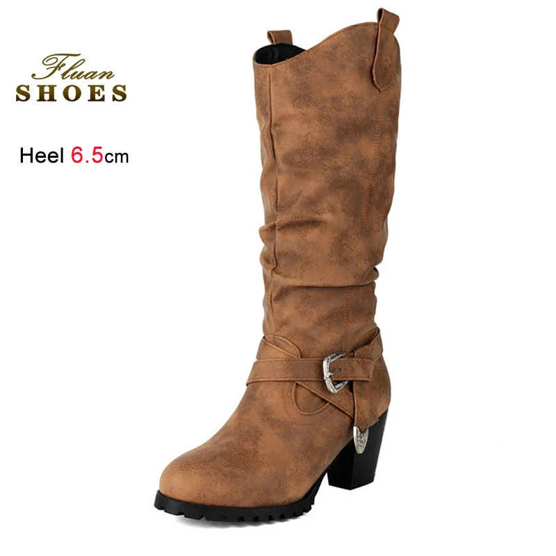 가을 겨울 6.5cm 하이힐 롱부츠 패션 여성 구두 가죽 버클 굵은 굽 나이트 부츠 솔리드 컬러 롱부츠