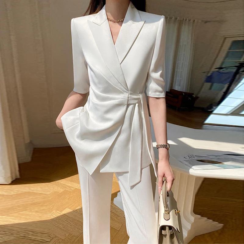 Summer Suit for Women Thin Office Wear 2024 Fashion Short Sleeve Lace-up Blazer Coat + High Waisted Pant Slim White Outfits