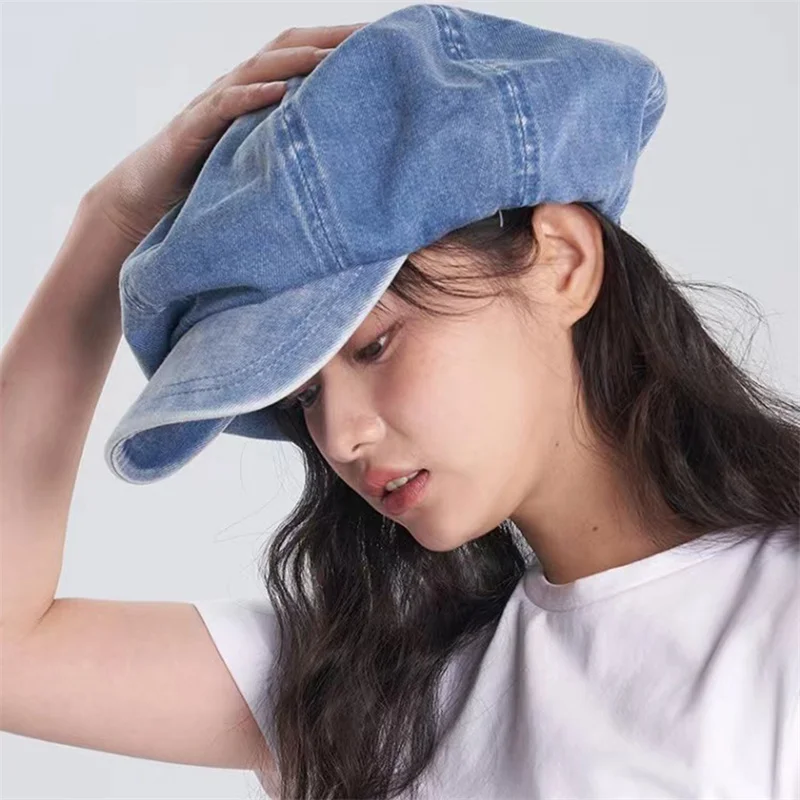 Women\'s Denim Beret Hat Spring Summer Newsboy  Painter Hat Octagonal Cap Korean Style Blue Denim Artist Painter Cap