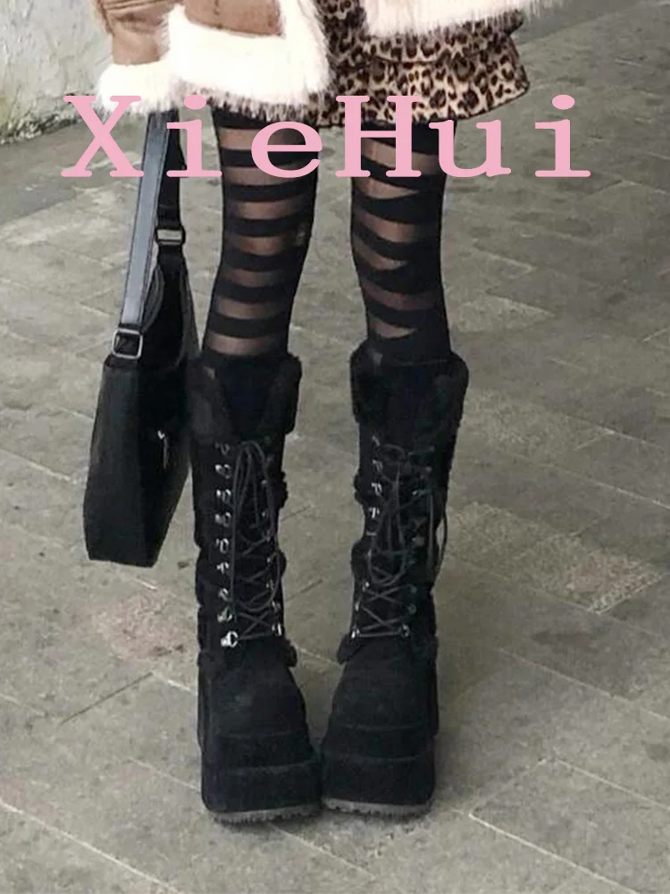 Punk Style Women's Long Boots Plush round Toe Thick Bottom Heightening Winter Fashion Boots Cross Buckle High Heel Urethane