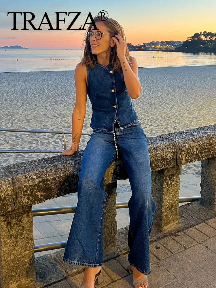 TRAFZA 2024 Summer Women Fashion Denim Trousers Set New V Neck Short Vest Top + Commute Office Lady Female Wide Leg Long Pant