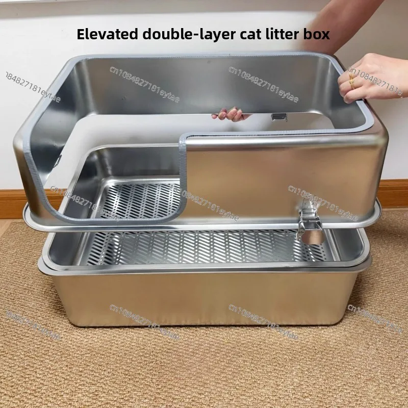 2 Tier Stainless Steel Cat Litter Box High Side Dry Wet Separation Enclosed Pet Toilet Tray