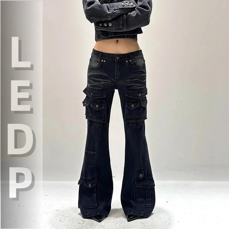 IMU Cyber Y2k Black Flare Jeans Street Vintage Wash Multi-pocket Stretchy Low Waist Cargo Pants Grunge Women Bell Bottoms