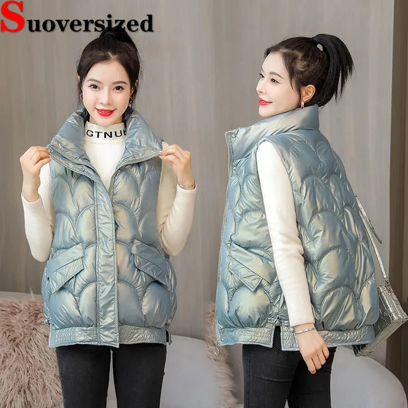 

Winter Glossy Cotton Padded Vest Fashion Stand Collar Windproof Chaleco Thicken Warm Womens Waistcoat Korean Sleeveless Jackets