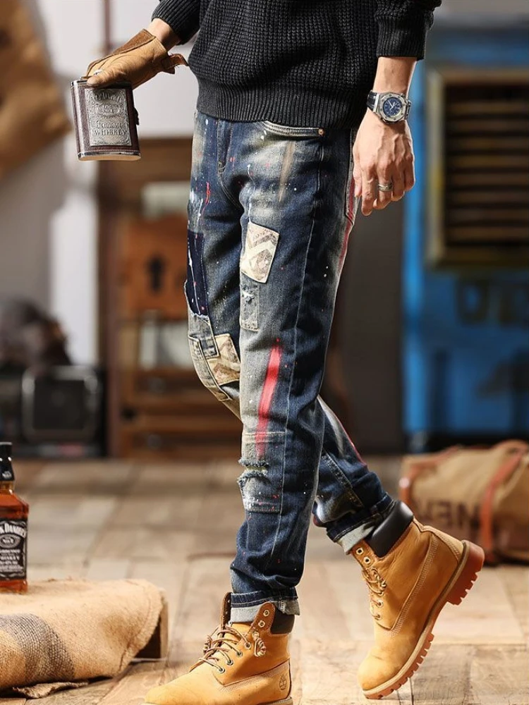 Tapered Jeans for Men Tight Pipe Washed Luxury Wide Leg Stacked Slim Fit Trousers Stylish Casual Kpop Xs Skinny Man Cowboy Pants