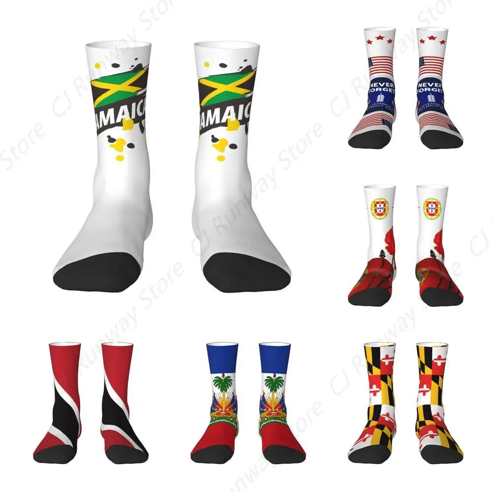 Racing Checkered Flag Athletic Crew Socks Over the Calf Tube Socks Peformance Cushion For Men Women Jamaican Flag Socks