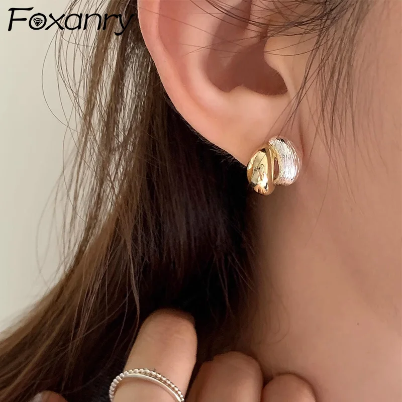 Foxanry Bicolor Geometric Stud Earrings For Women Girls Minimalist Creative Design Elegant Classic Prevent Allergy Party Jewelry