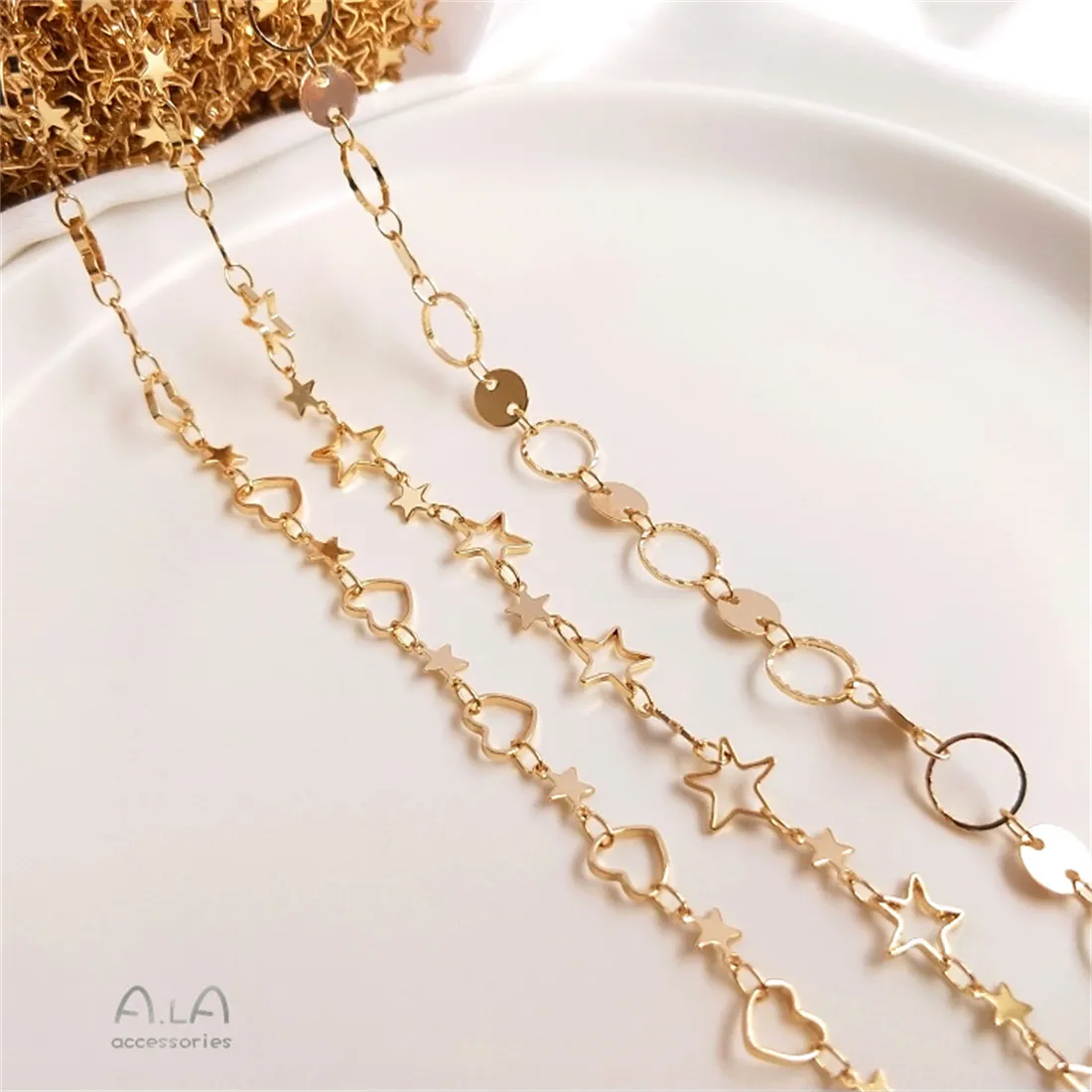 14K Gold-clad Korean Copper Handmade Chain Five-pointed Star Love-shaped Circle Scattered Chain Diy Anklet Bracelet Material