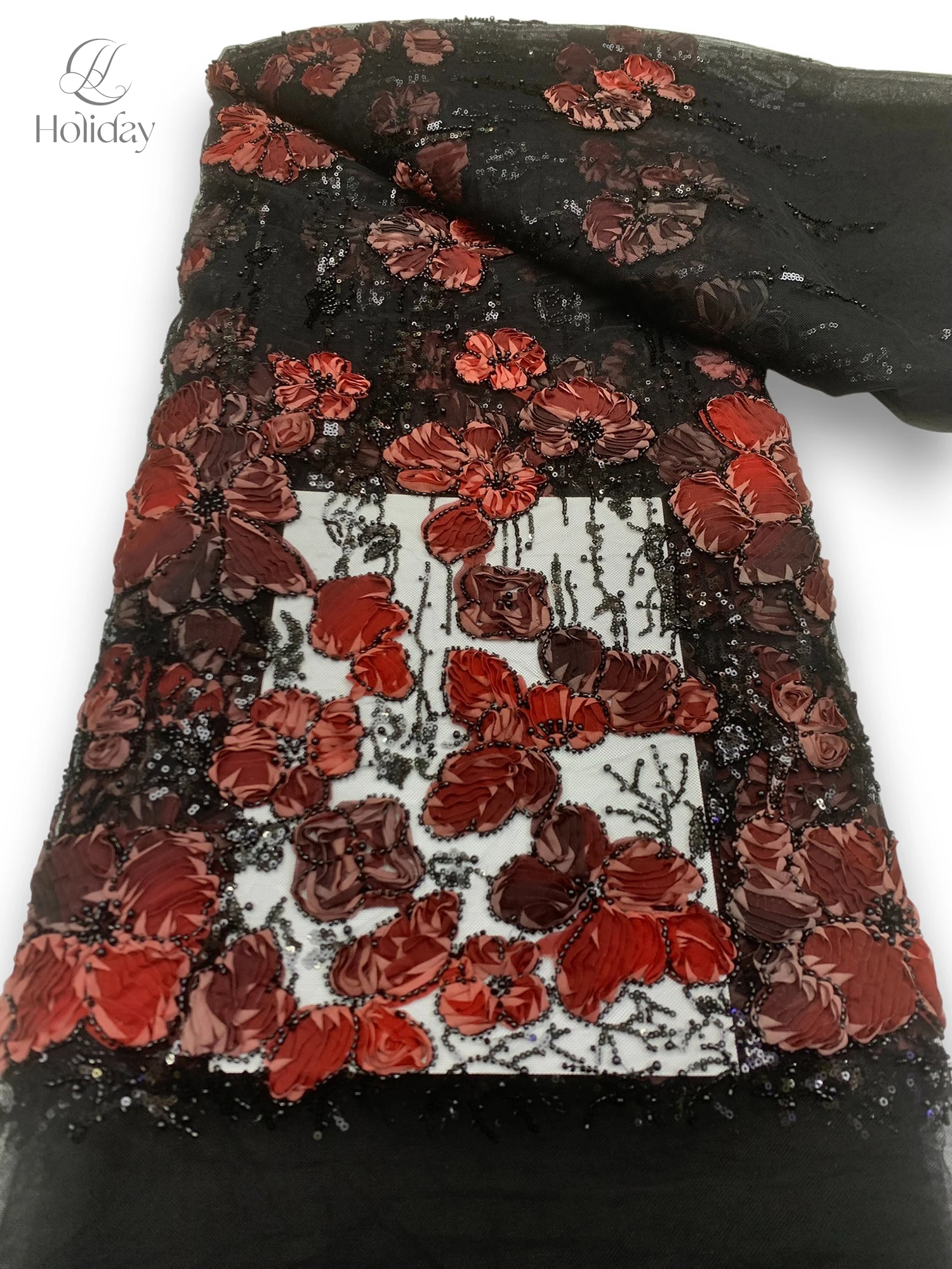 

Hot Sale! Sparkling 3D Embroidery Lace Fabric with Floral Sequins, Stretch Tulle Net for Prom Dress lace fabric