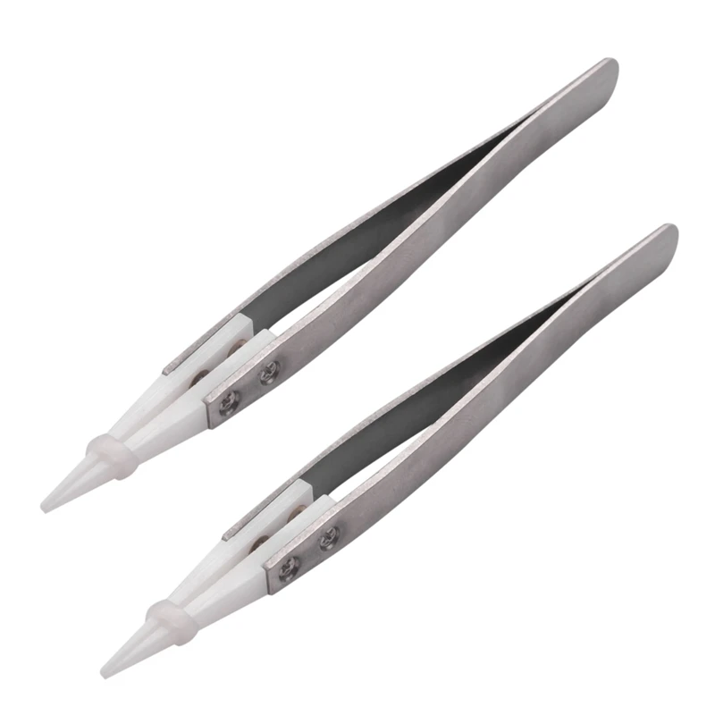 2X Ceramic Tweezers With Stainless Steel Handle Refractory Acid-Resistant Pointed Tweezers