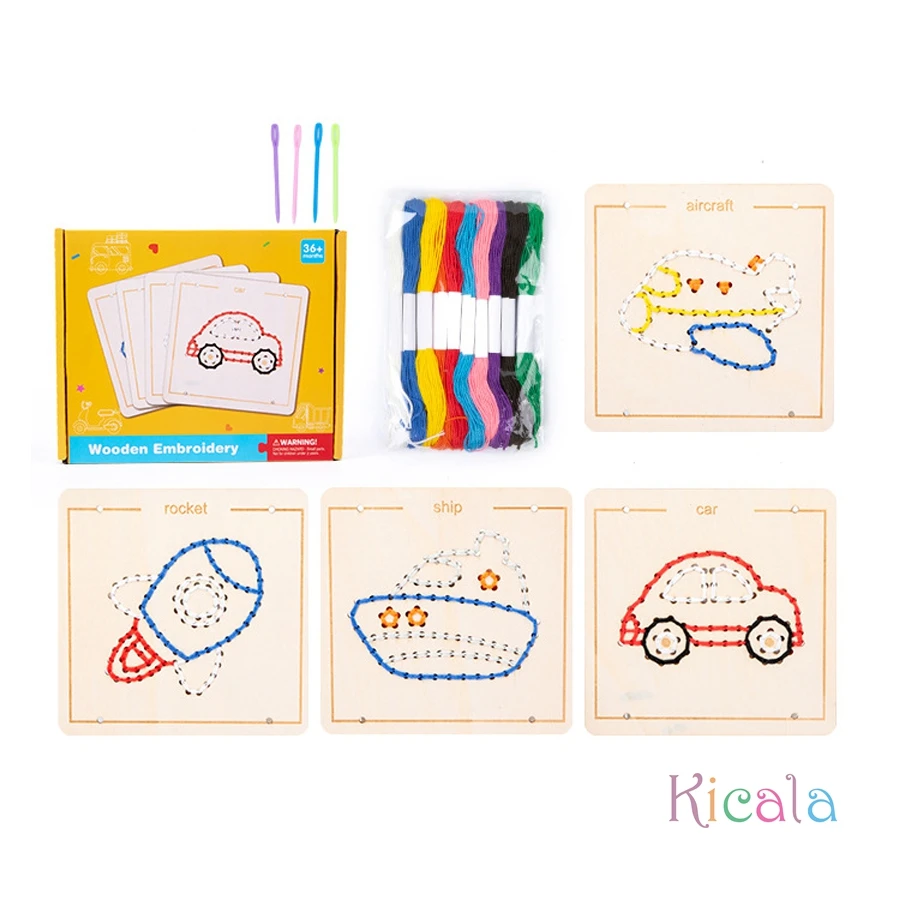 Jouets de laçage en bois Montessori, jeu de société de broderie, ensemble de filetage de motifs de dessins animés, motricité Fine, planche occupée, cadeaux pour enfants