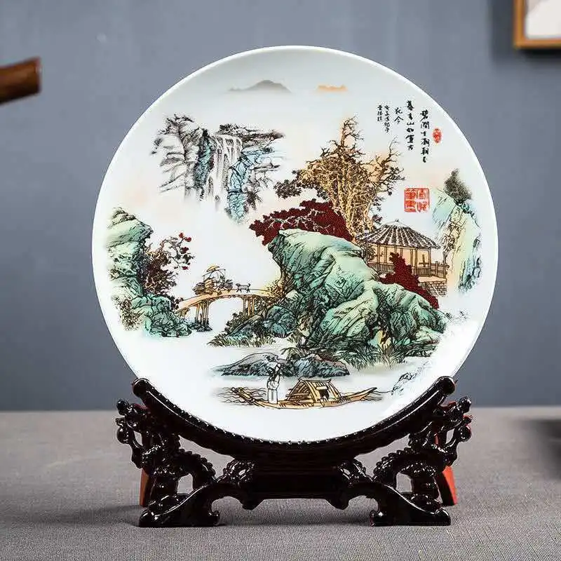 Jingdezhen Ceramic Plate, Chinese Blue White Porcelain Sculpture, Oriental Display Ornaments for Home Living Room Office