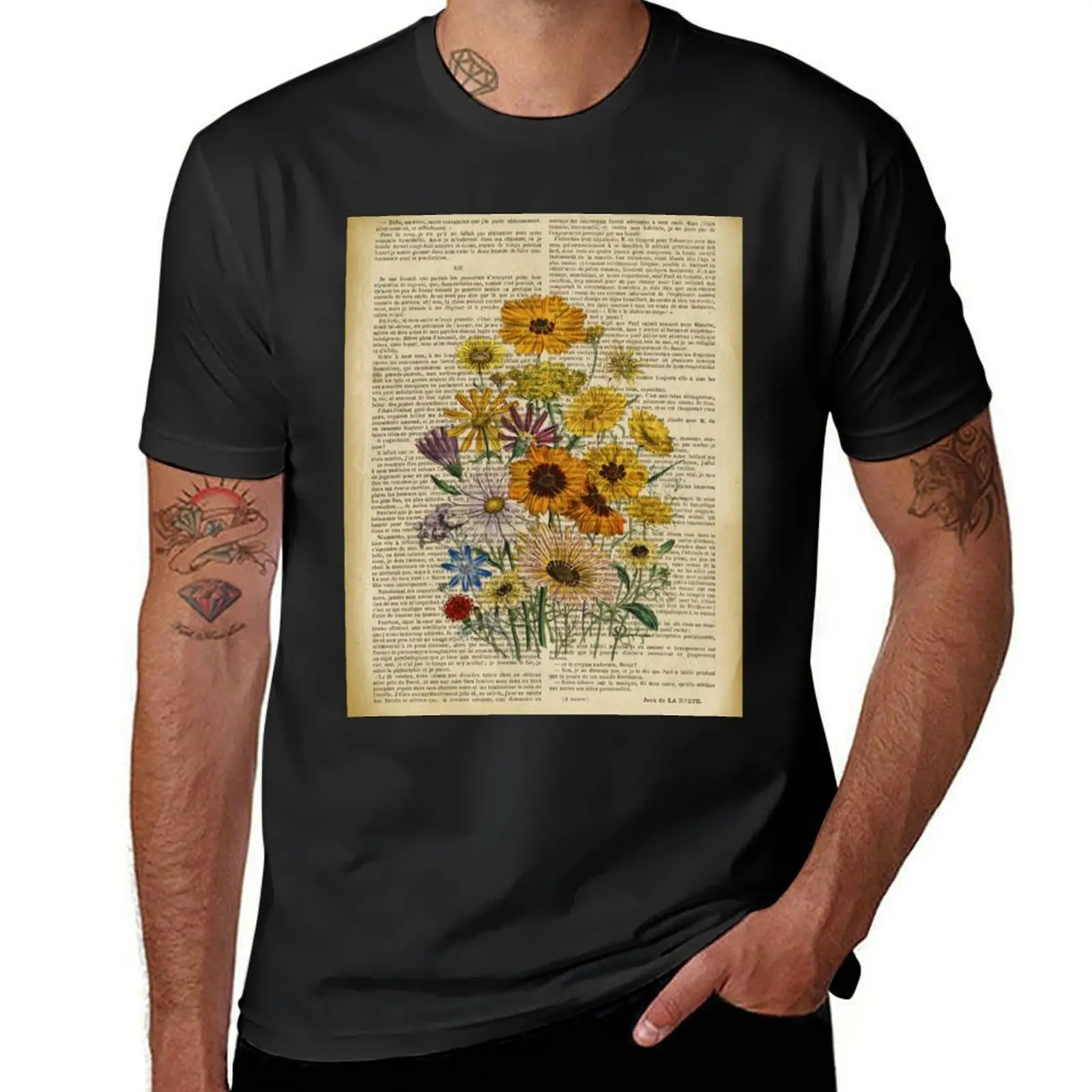 Botanical print, on old book page - Garden flowers T-Shirt plus size tops Aesthetic clothing mens t shirt graphic