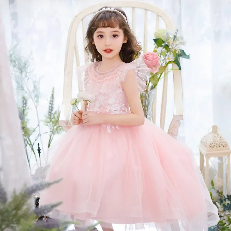 Summer CHILDREN'S girls dress flower CHILDREN'S high end dress walk show piano performance short sleeve party dress