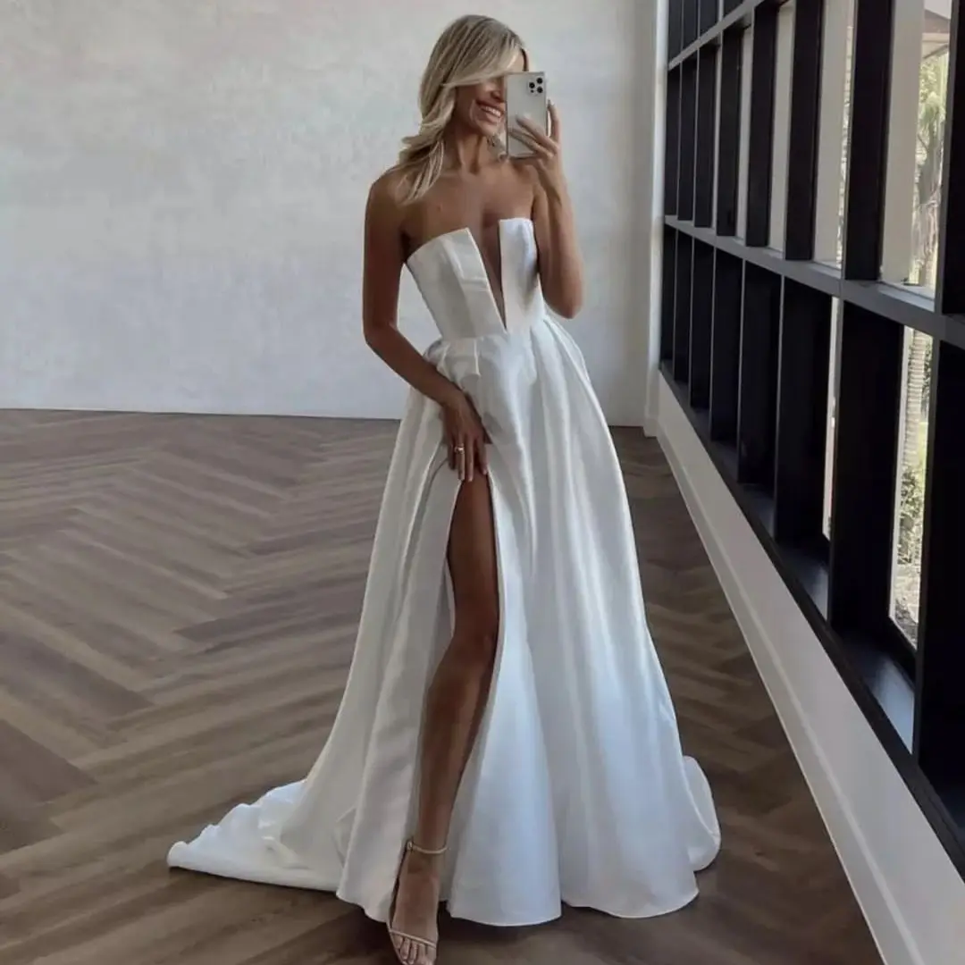 Vestido de novia de satén Civil para mujer, prenda con abertura lateral, longitud hasta el suelo, cuello en V, impresionante, personalizable a medidas