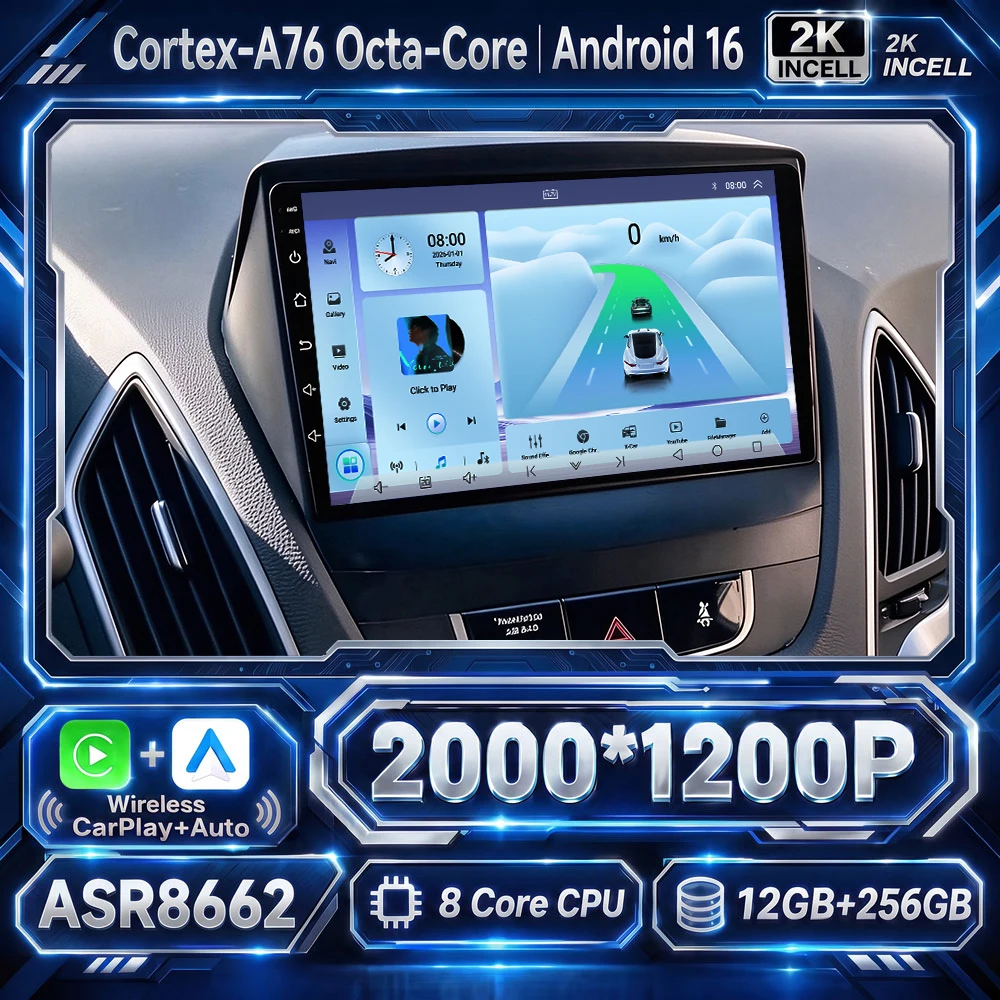 Cortex-A76 Octa-Core Android 16 Car For Hyundai Tucson 2 LM IX35 2009 -2015 Navigation Carplay Stereo Speakers Touch Screen Wifi
