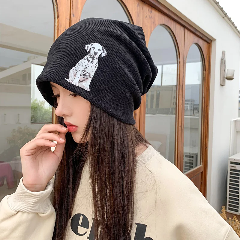 New Autumn Women's Rib Beanie Hats Casual Cotton Dog Print Slouchy Beanies for Mens Knitted Soft Warm Skullies Beanies