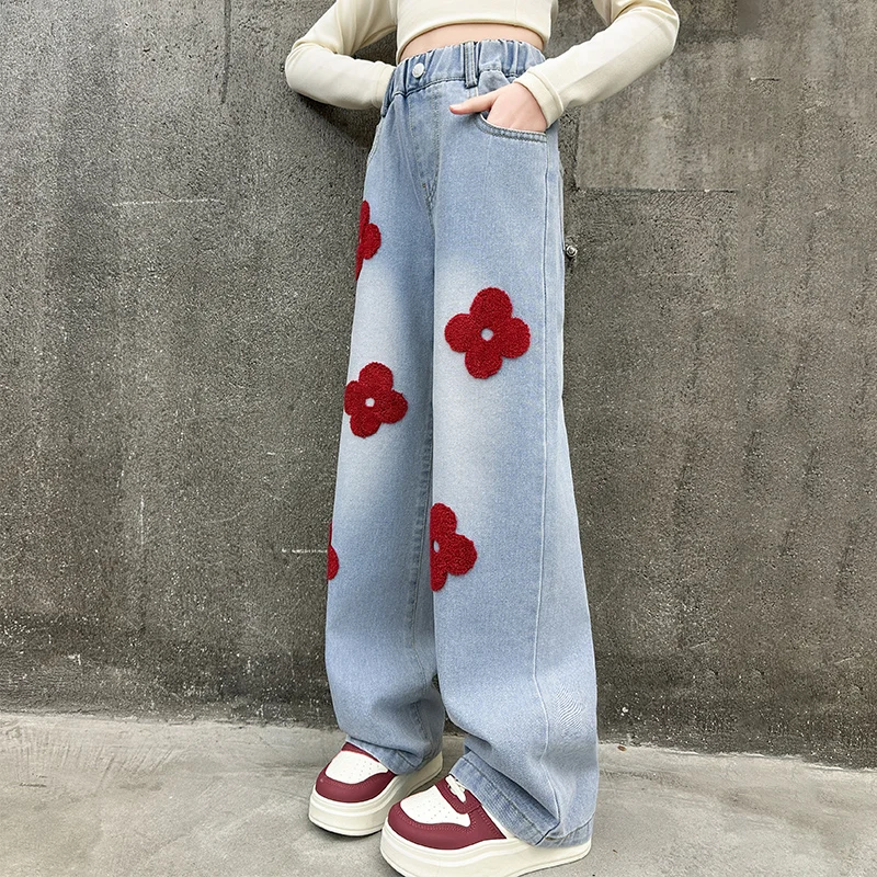 Spring Autumn Children Blue Jeans with Applique for Teenage Girls High Fashion Street Pants Kids Casual Denim Trousers Age 5-14Y