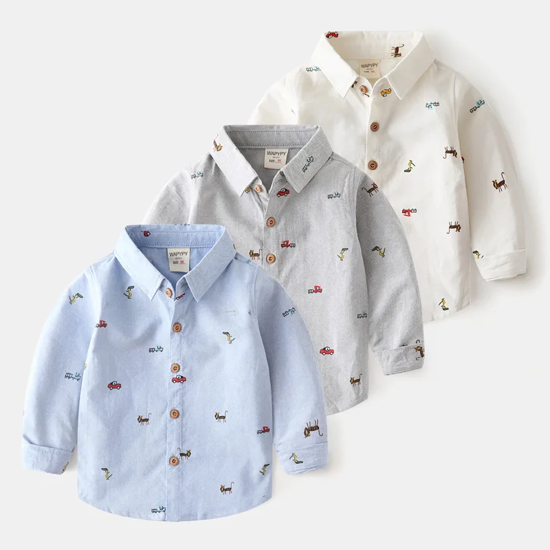 Kids' All-Over Cartoon Print Long Sleeve Turn-down Collar Shirt, Spring Autumn Boys' Pure Cotton Oxford Shirts Top, Ages 2-7