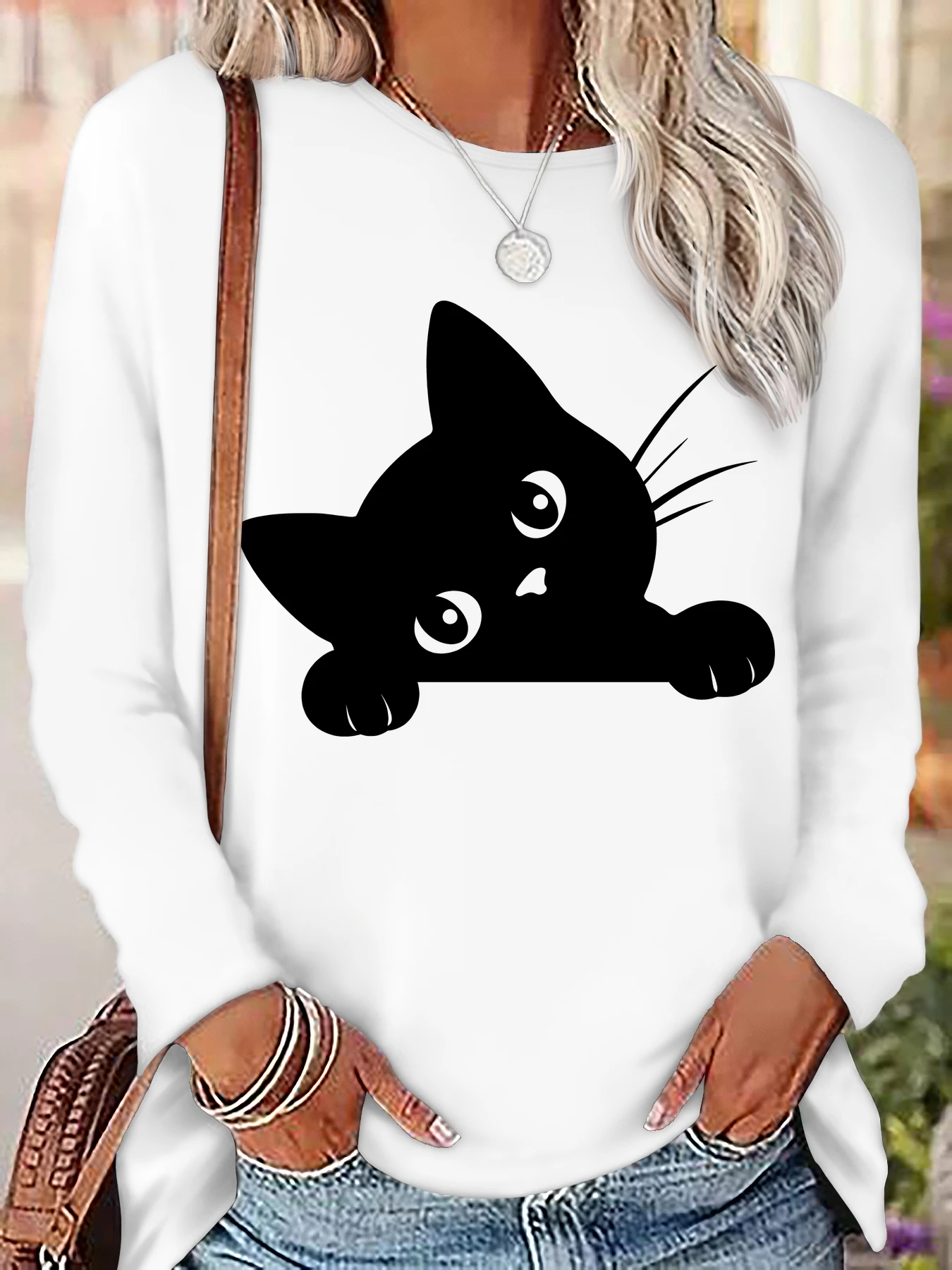 A Cartoon Cat Peeking Out From The Edge Pattern Ptint Long Sleeve T Shirt Casual Cute Fashionable Tops Clothes Female Outfit 90s