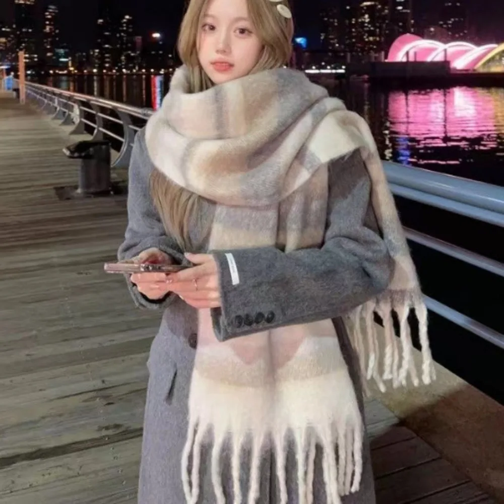 

Элегантный шарф из мохера в клетку, утолщенный зимний кашемировый шарф в корейском стиле с кисточками, длинная шаль для студентов