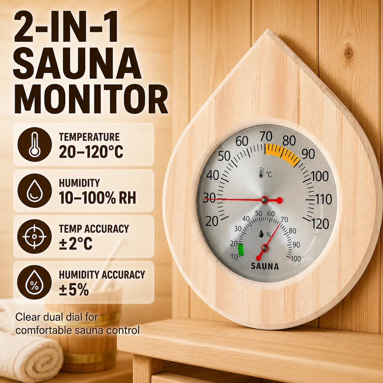 Wooden Sauna Thermometer 20-120°C Round Wall Mounted Temperature Gauge for Sauna Room Steam Spa Bath Accessories