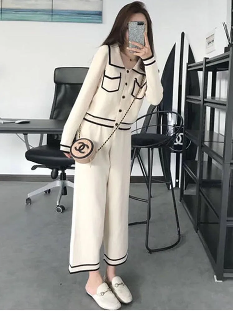 Women Knit 2 Pieces Sets Korean Single Breasted Short Knitwear Cardigan Tops Conjuntos High Waist Ankle Length Pants Tracksuit