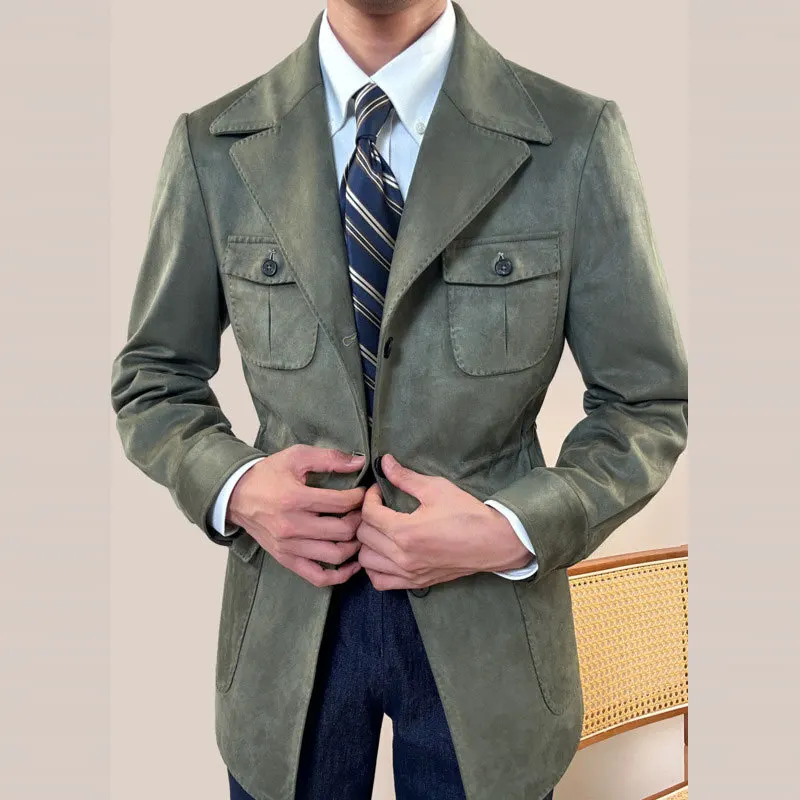 High Quality Suede Hunting Jacket For Men Business Versatile Senior Luxury Italian Coat  Lapel Top Male Trench Coat Jacket